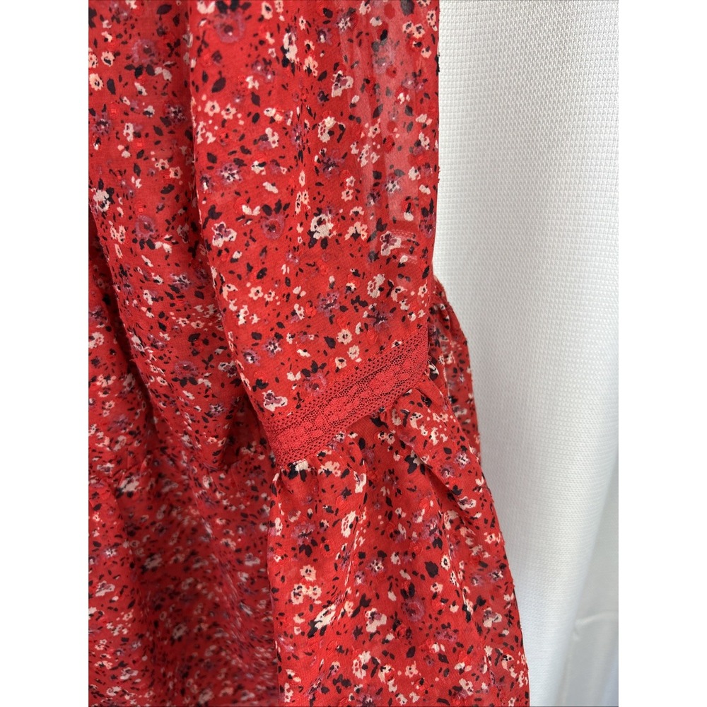 Lucky Brand Top L Red Lace Trim Floral Boho Blouse Bell Sleeve Romantic Fairy - Picture 6 of 7